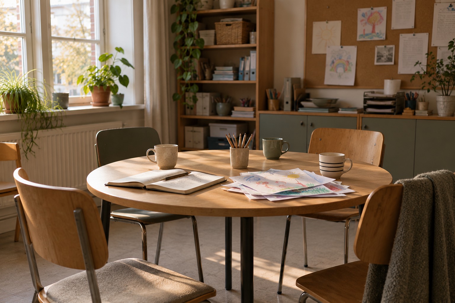 Et lærerværelse efter skoletid med kaffekopper og tegninger på et rundt bord