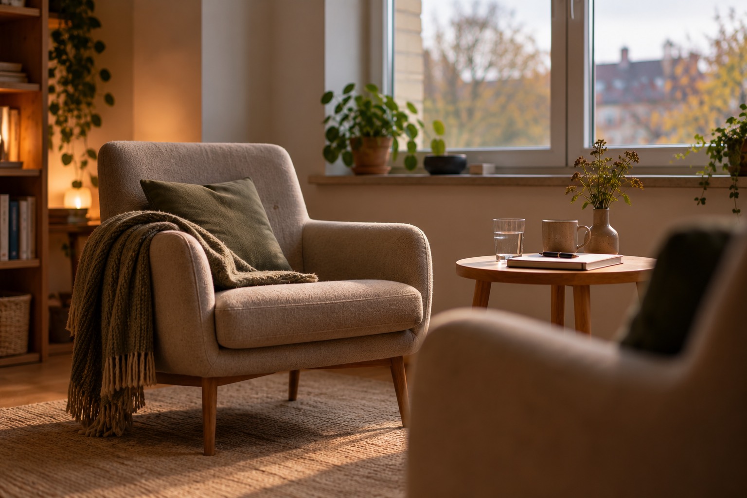 En behagelig stol ved et vindue i et terapirum